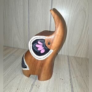 Thailand Wood Carved Hand Painted Elephant Lotus Design Shelf Sitter Boho